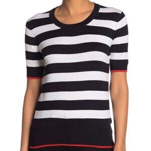 ZARA KNIT White + Black Striped Short Sleeve Crewneck Women's Sweater Medium